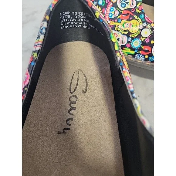 Savvy 9.5M Multicolor Skull Cactus Floral Pattern Work Mary Jane Nursing Shoes - Picture 6 of 7